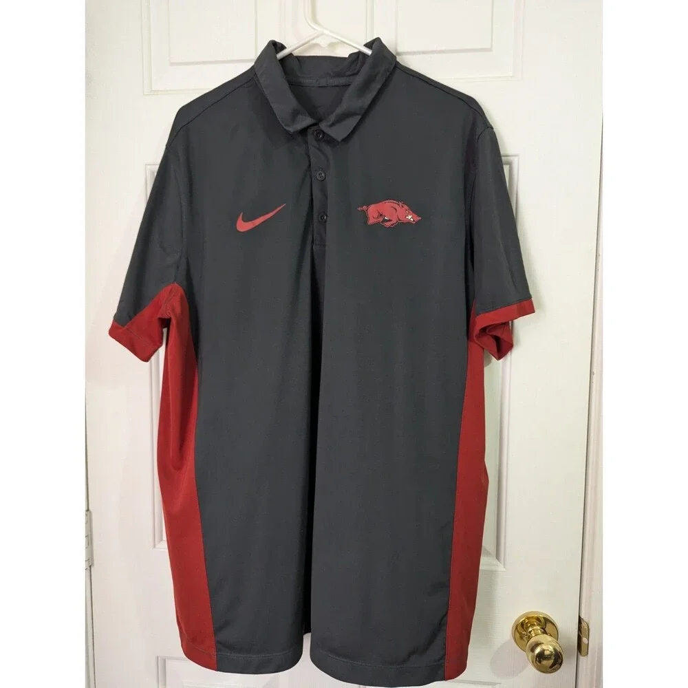 NIKE Arkansas Razorbacks Golf Polo Shirt Mens XL Black Red S/S Dri Fit Stretch
